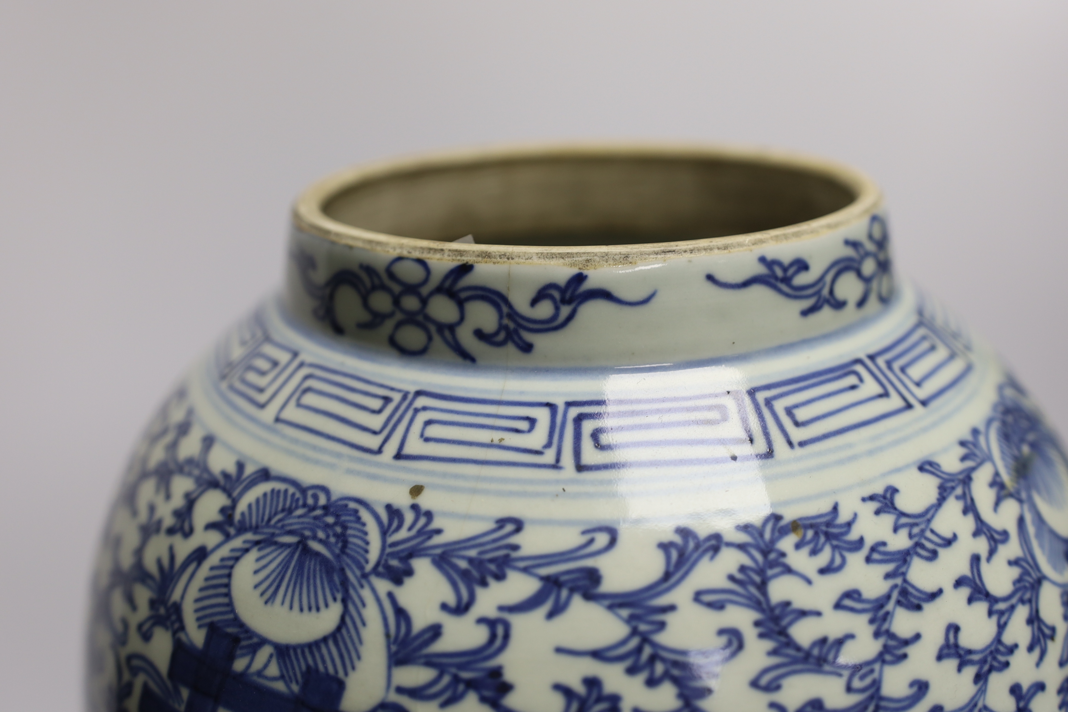 A Chinese blue and white ‘shuangxi’ baluster jar and cover, 43cm high